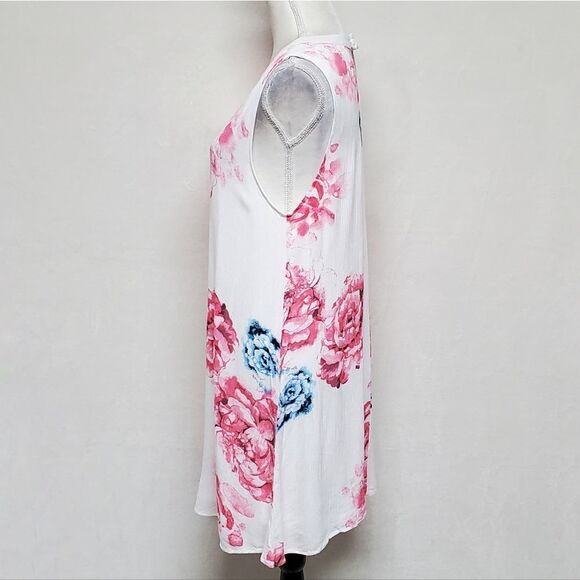 JODIFL Pink Blue Floral Sleeveless Keyhole Loose Fit Pleated Tunic Dress Medium - Picture 5 of 11